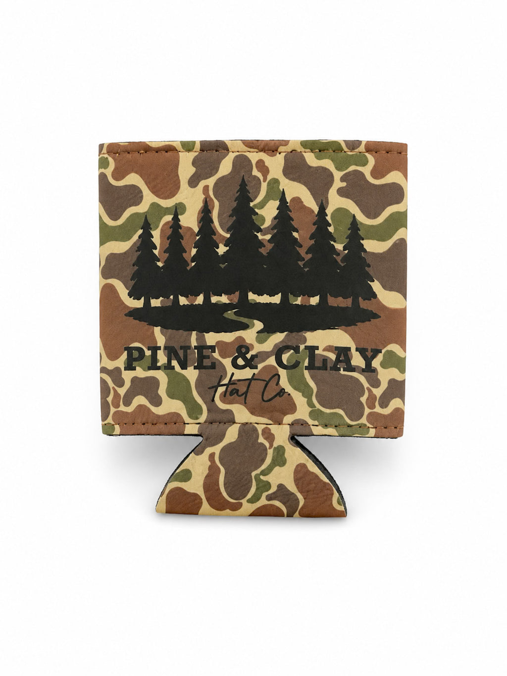 Camouflage can duster with tree design and 'Pine & Clay' branding on a white background