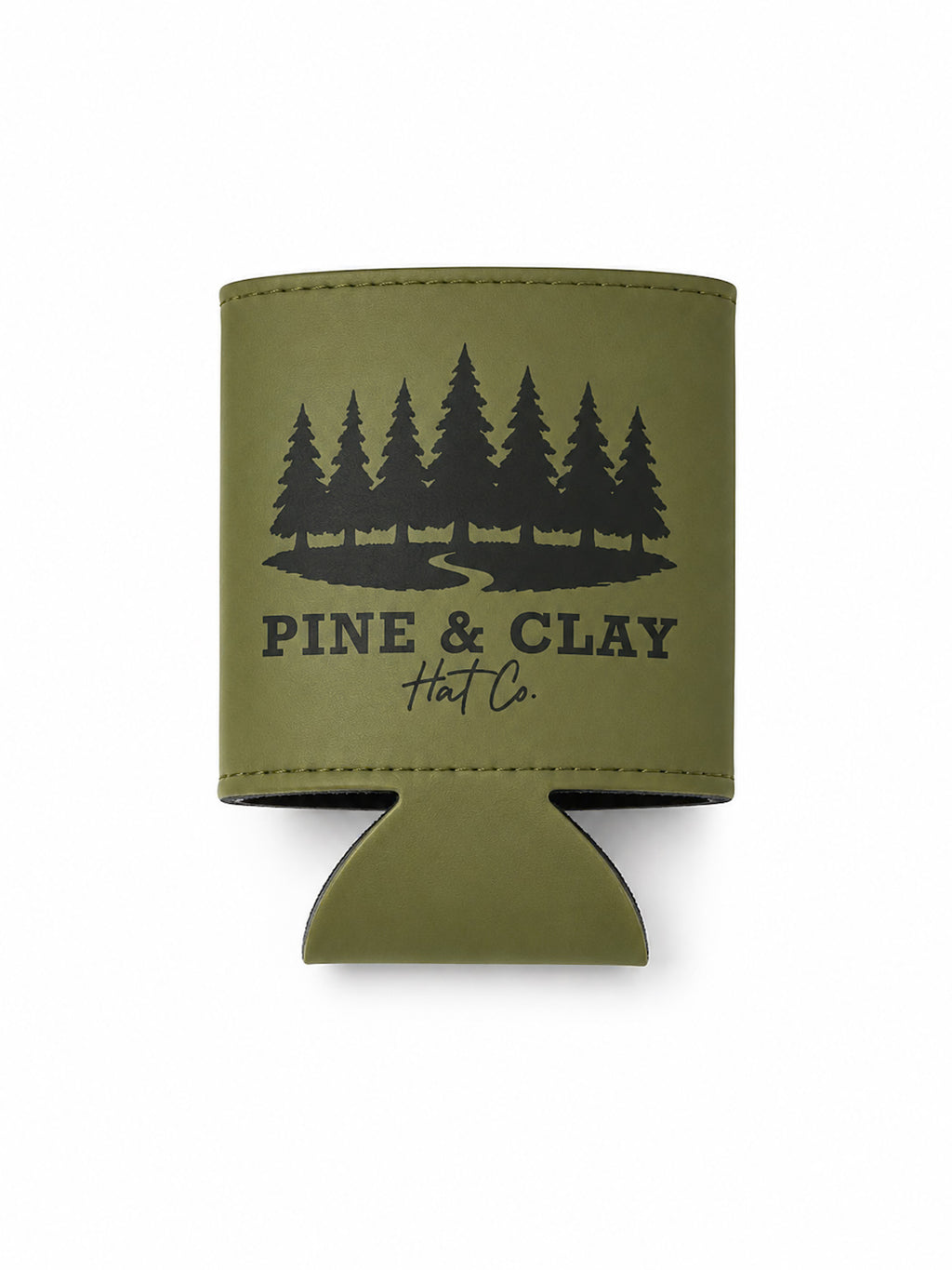 Olive can duster with black tree design and 'Pine & Clay Hat Co.' text on a white background