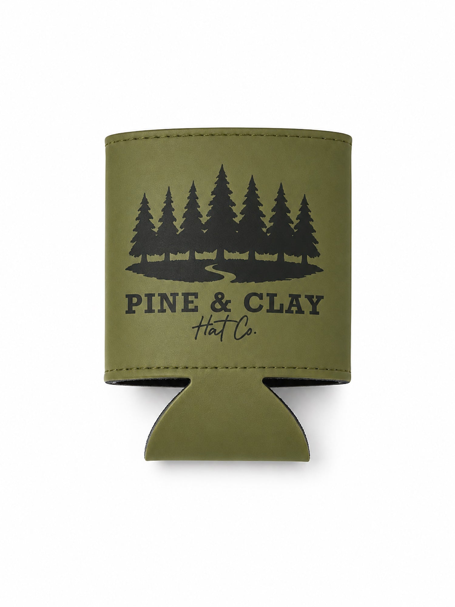 Olive can duster with black tree design and 'Pine & Clay Hat Co.' text on a white background