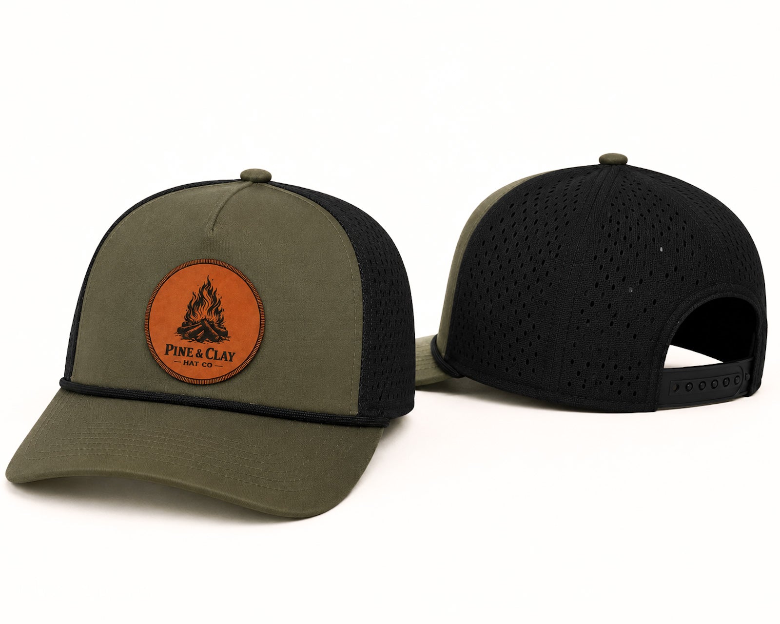 Front and back of olive performance hat