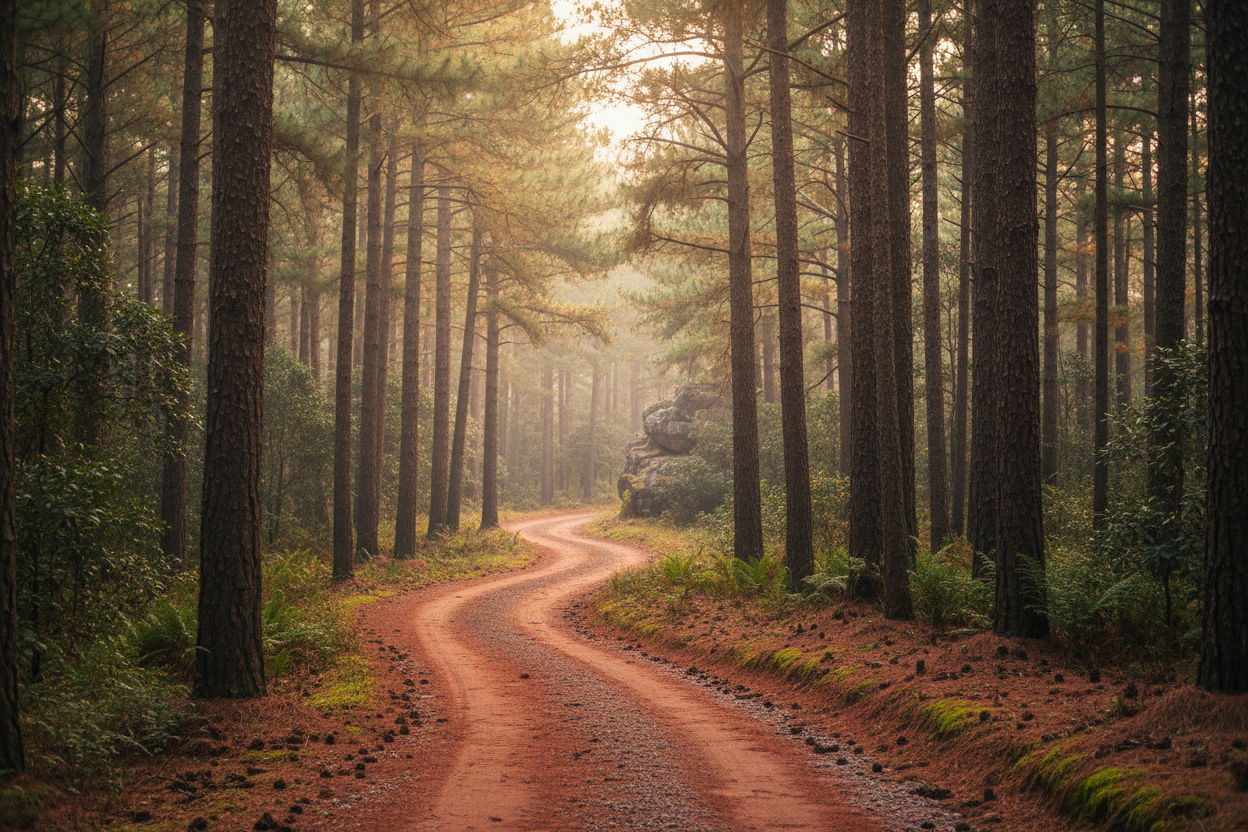 Red clay road winding through pine trees